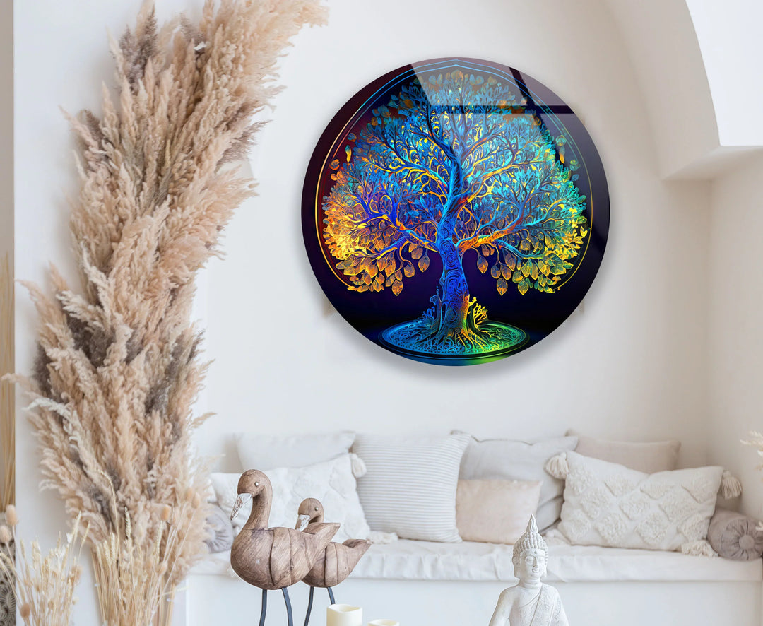 Rainbow Tree of Life Wall Art – Round Glass Decor with Vivid Gradient Colors - MyPhotoStation