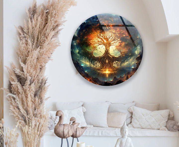 Mystical Tree of Life Round Wall Art – Fantasy Glass Print with Glowing Roots and Branches - MyPhotoStation