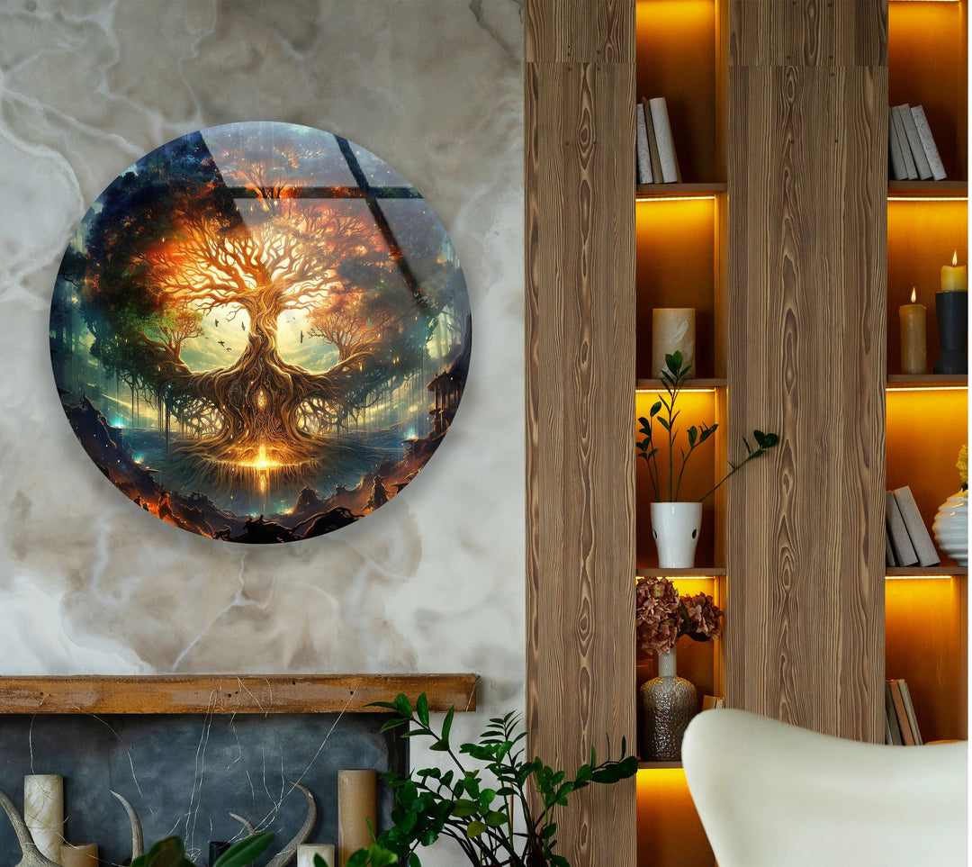 Mystical Tree of Life Round Wall Art – Fantasy Glass Print with Glowing Roots and Branches - MyPhotoStation