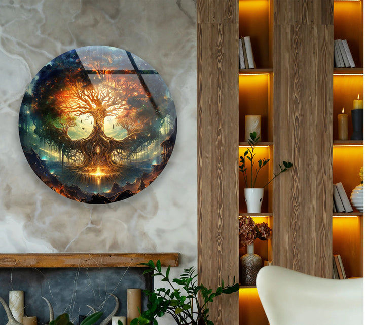 Mystical Tree of Life Round Wall Art – Fantasy Glass Print with Glowing Roots and Branches - MyPhotoStation