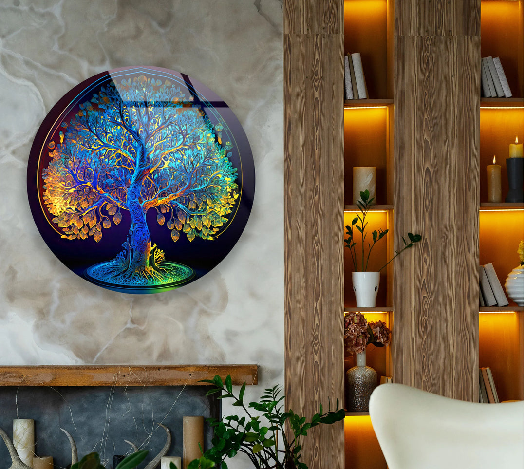 Rainbow Tree of Life Wall Art – Round Glass Decor with Vivid Gradient Colors - MyPhotoStation