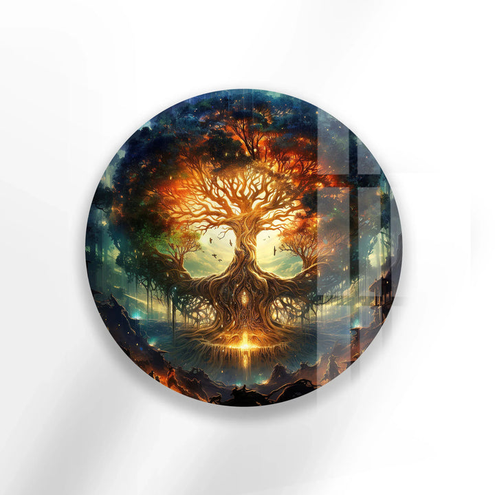 Mystical Tree of Life Round Wall Art – Fantasy Glass Print with Glowing Roots and Branches - MyPhotoStation