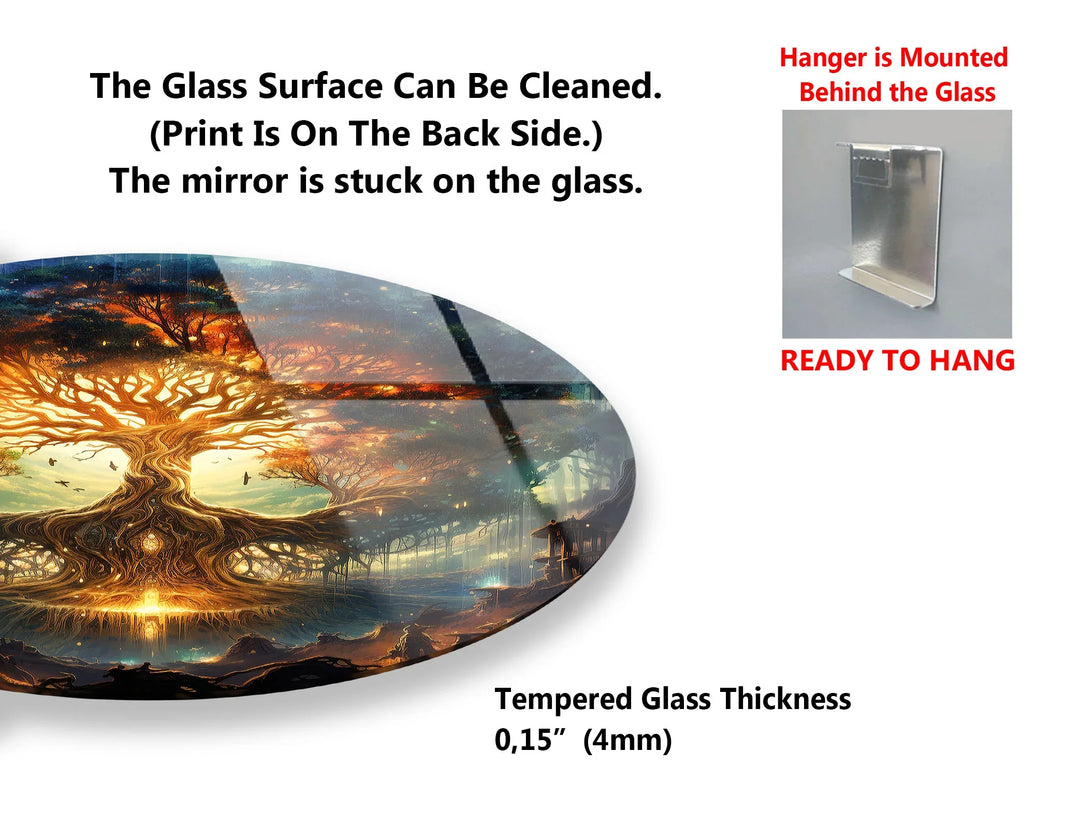 Mystical Tree of Life Round Wall Art – Fantasy Glass Print with Glowing Roots and Branches - MyPhotoStation