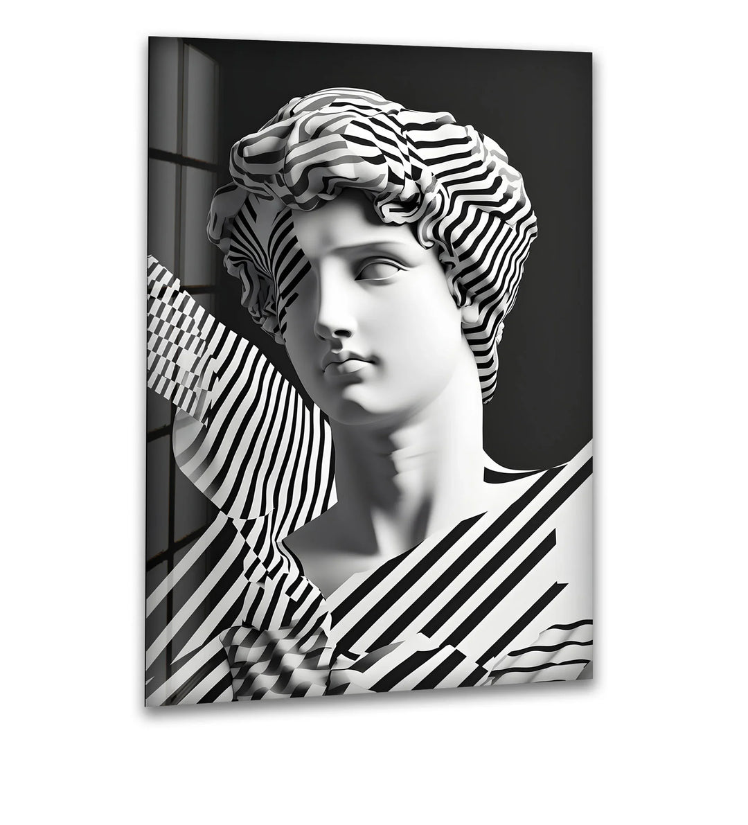 Modern Abstract Sculpture Art: Black and white stripes blend with classical sculpture to create a striking visual contrast on glass.
