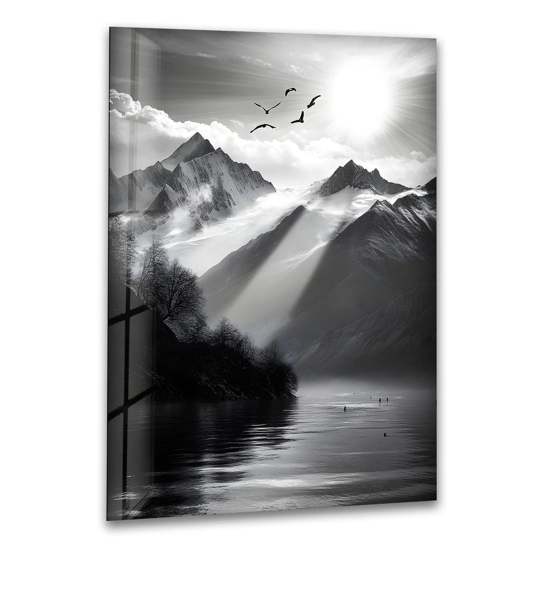 Dramatic black-and-white mountain landscape captured on glass, perfect for serene spaces.