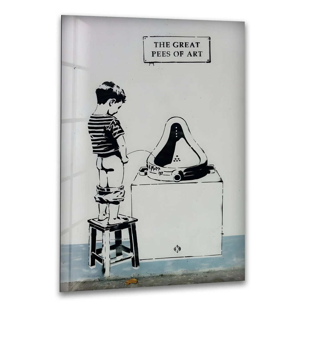 A bold black and white glass wall art featuring a Banksy-inspired street art design with a thought-provoking message.