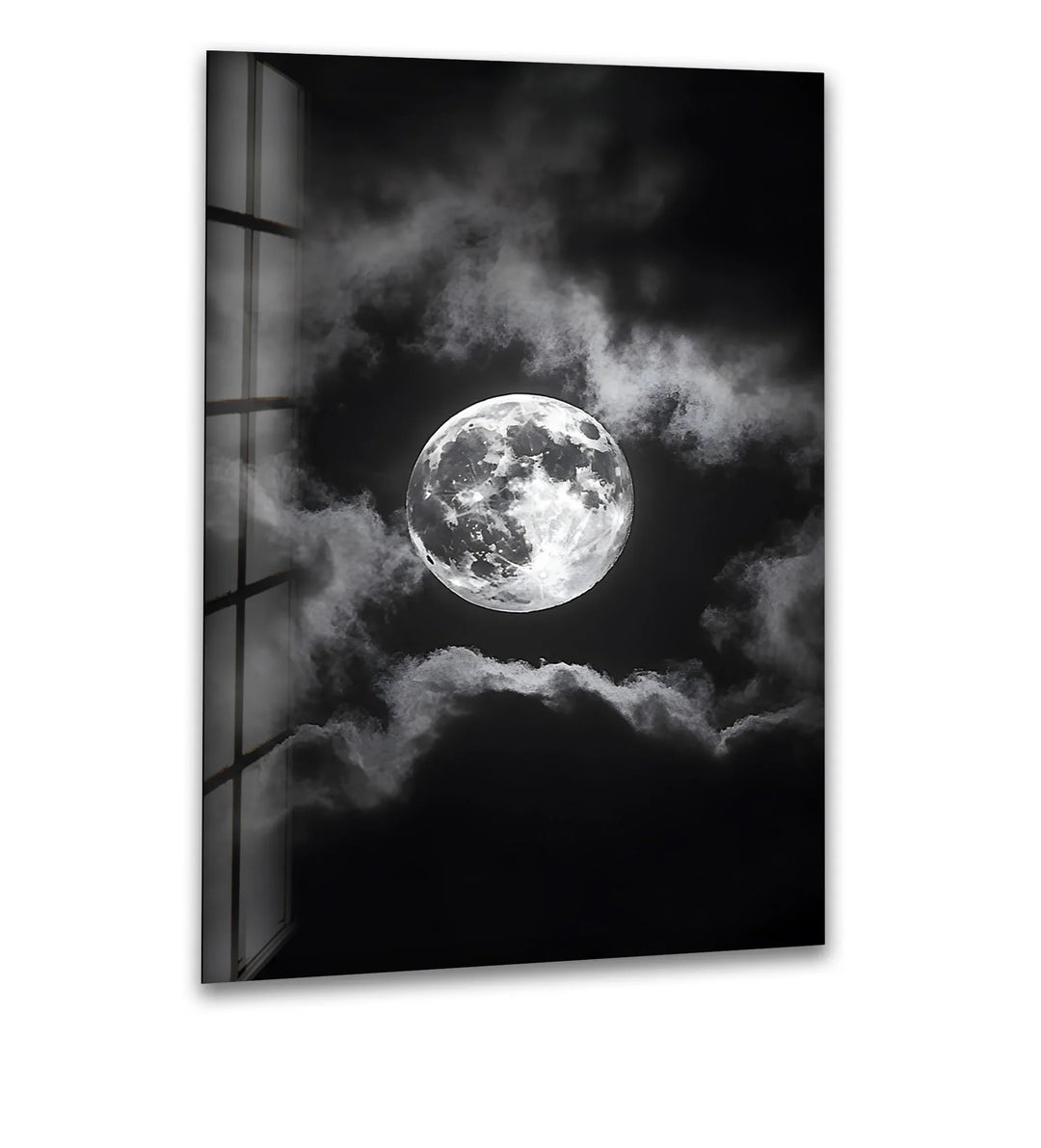 Captivating black-and-white moon design on glass, bringing the beauty of the night sky into your home.