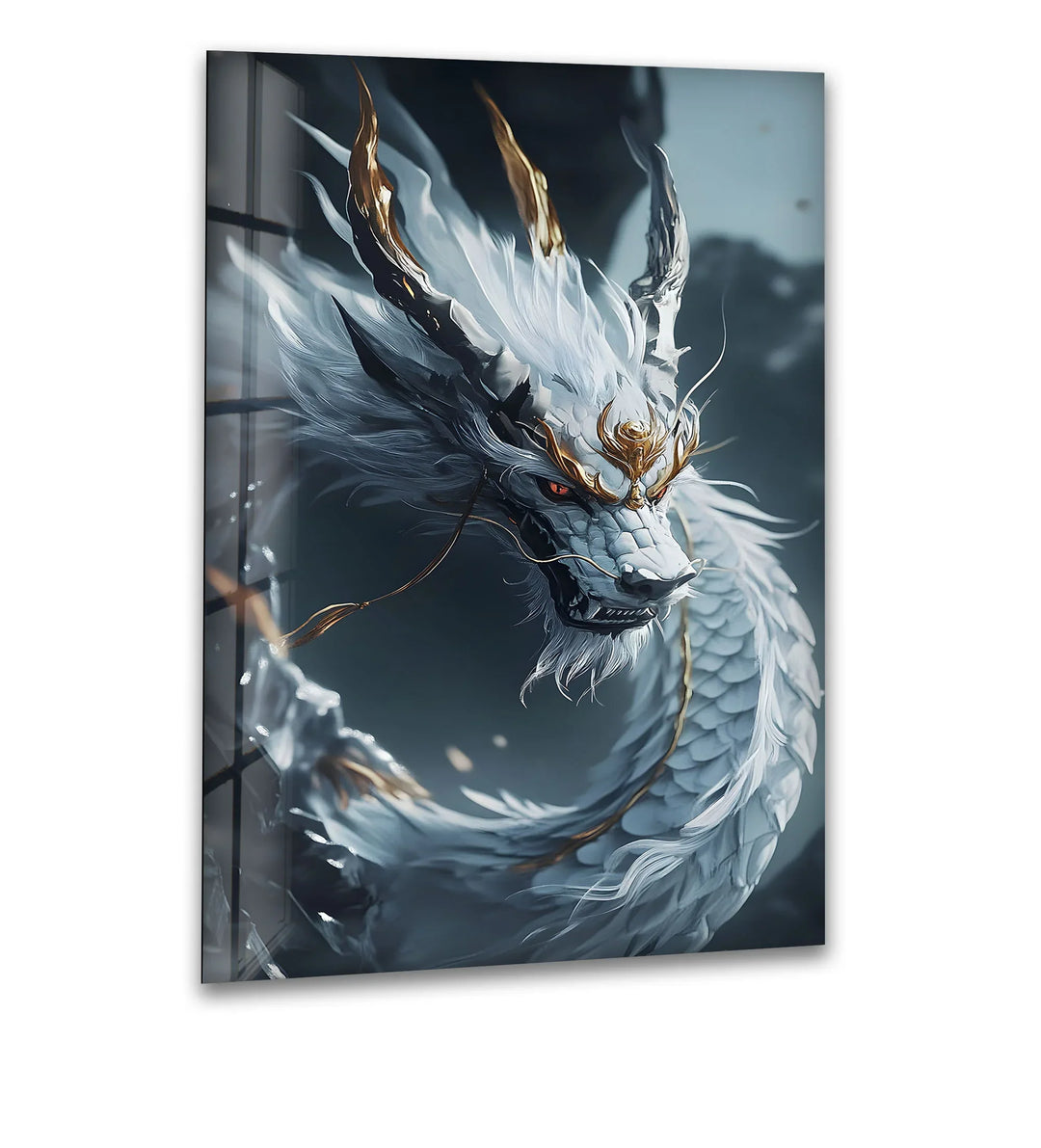 Regal white dragon with golden accents, surrounded by an ethereal atmosphere.