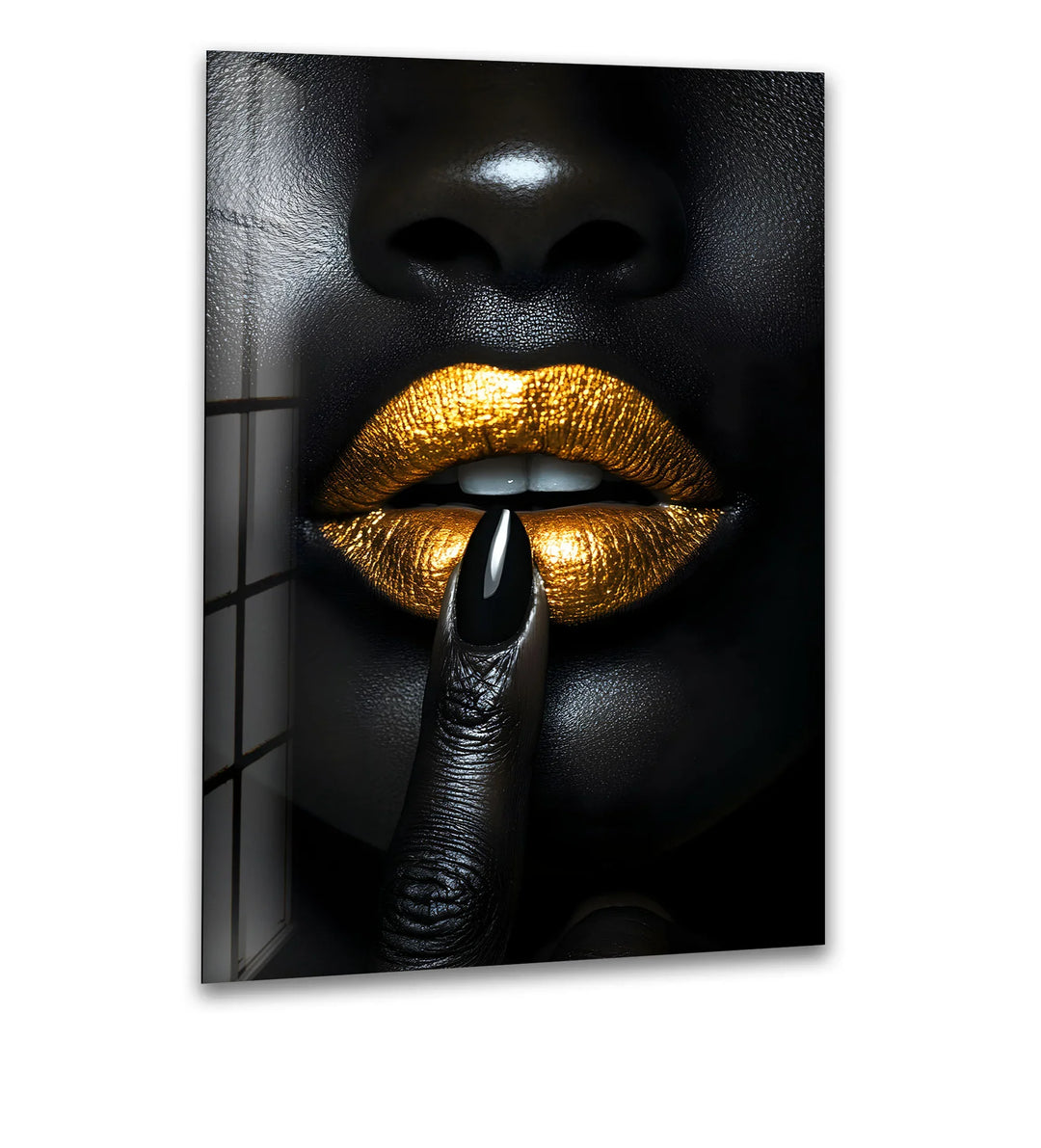Bold black-and-gold lips design on glass, bringing a luxurious touch to your home.