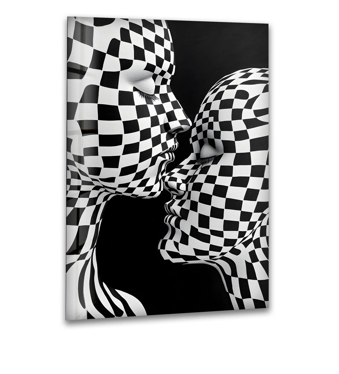 Bold black-and-white kiss design on glass with a striking checkered pattern.