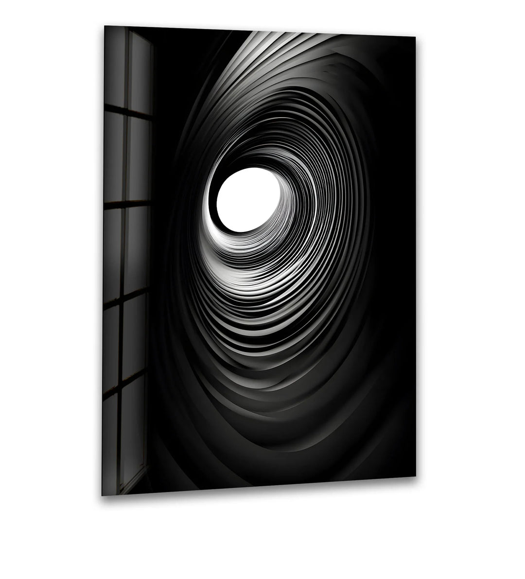 Striking black-and-white spiral abstract design on glass, adding modern elegance to any space.