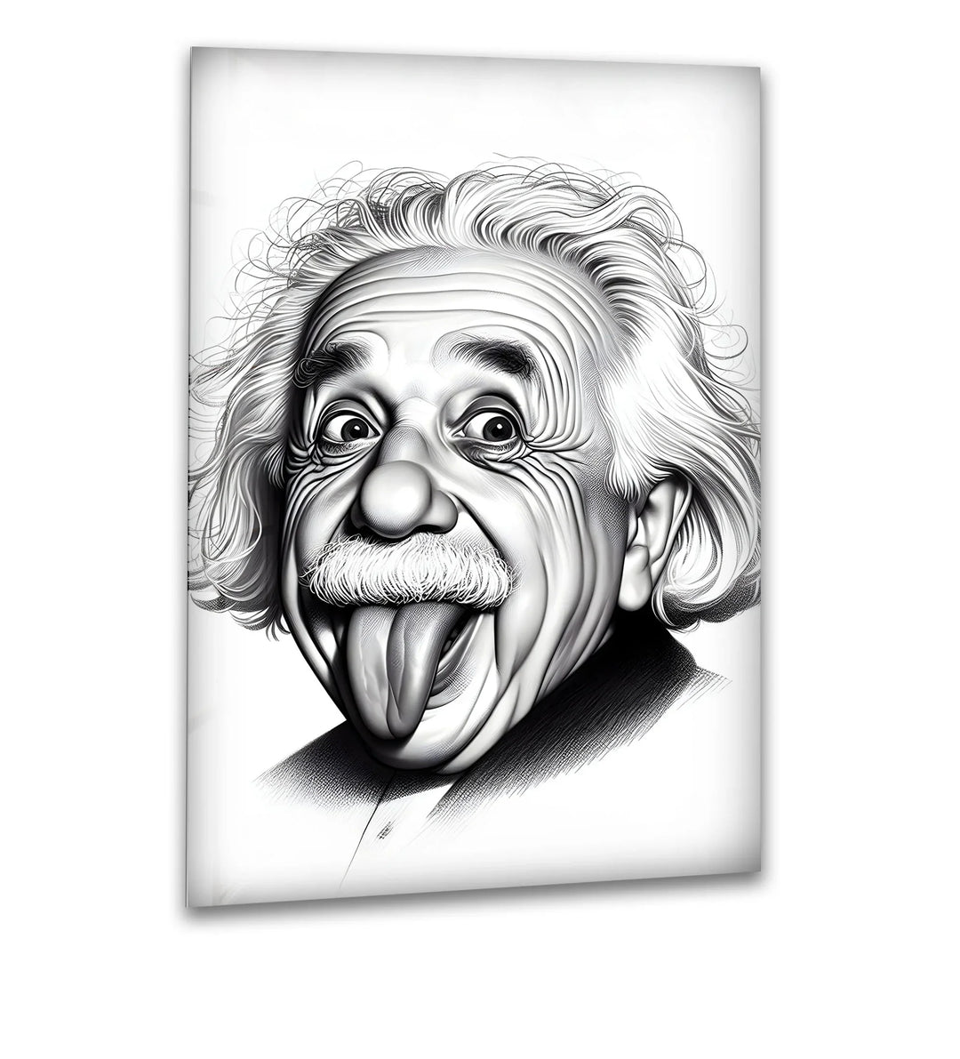 A playful yet genius tribute to Albert Einstein, captured in a striking black and white wall art.