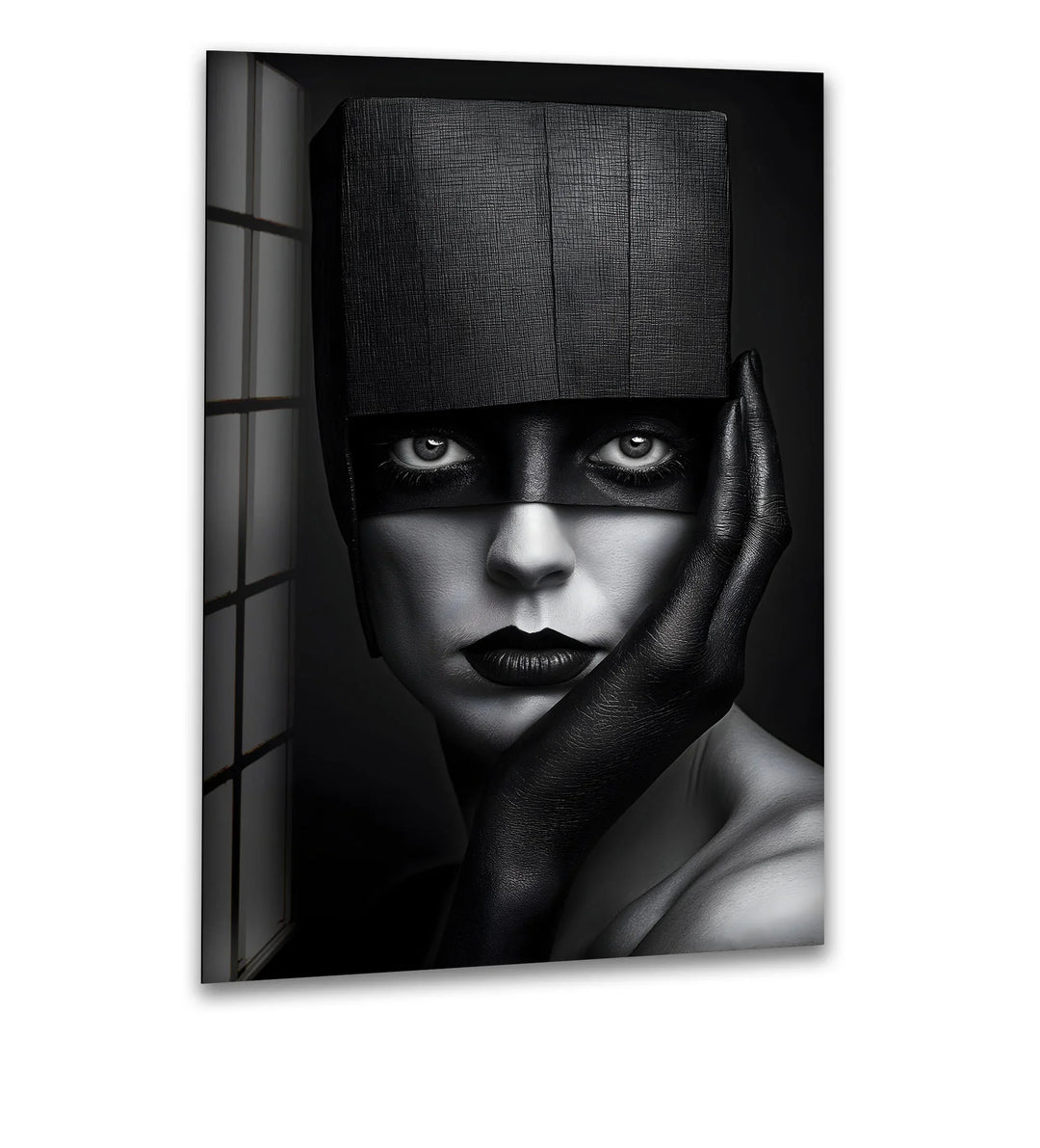 Abstract black-and-white portrait, a striking and bold design on glass.