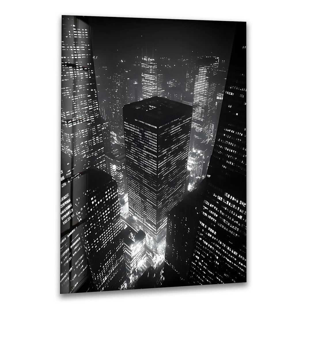 City Lights: Captivating Black and White Cityscape on Glass Wall Art