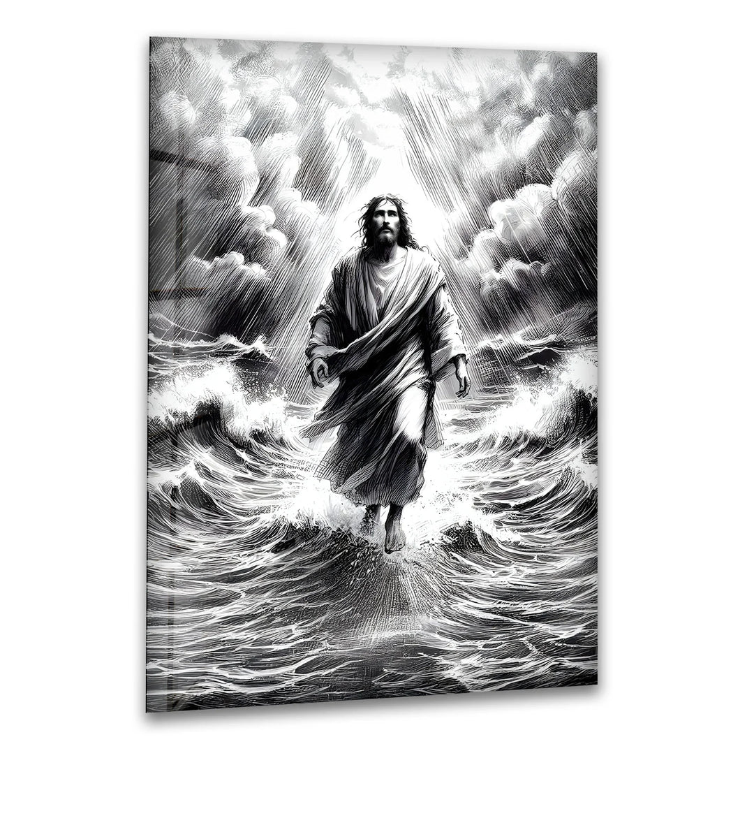 Jesus Walking on Water - Black and White Christian Glass Wall Art