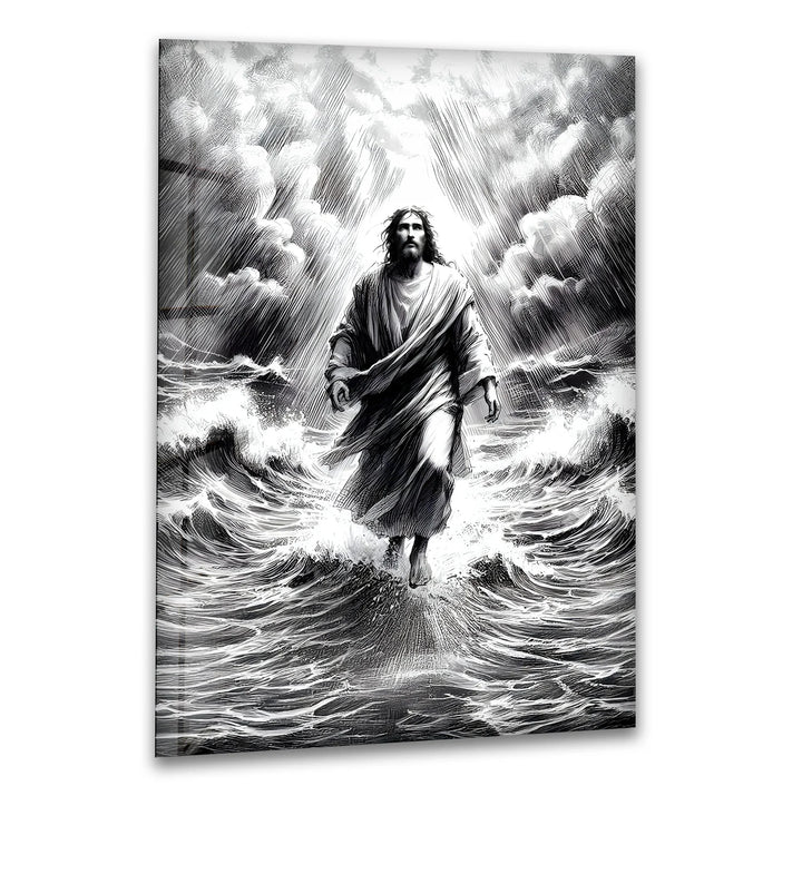 Jesus Walking on Water - Black and White Christian Glass Wall Art