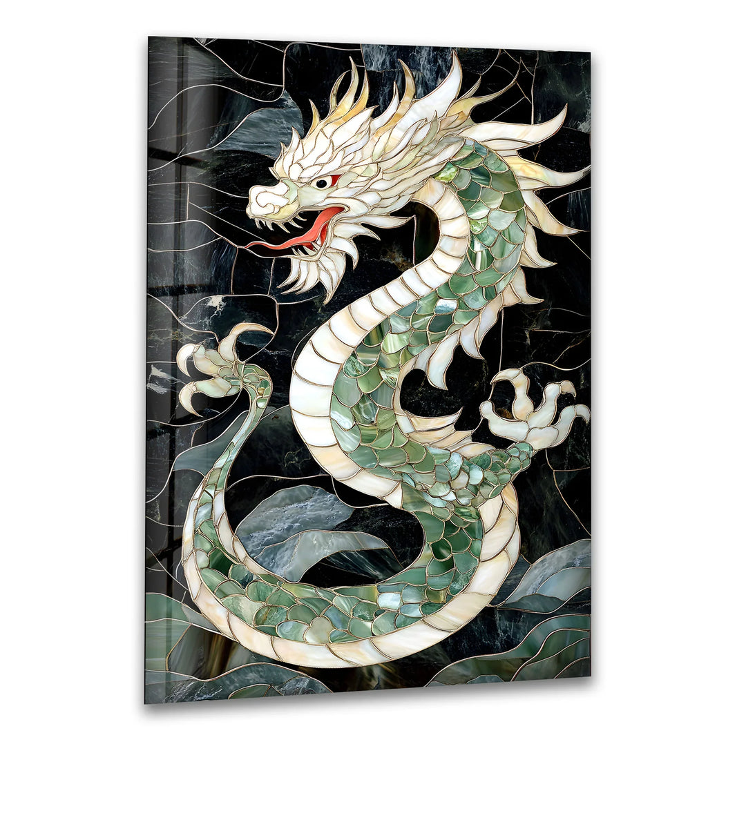 Intricate green dragon in mosaic art, exuding mystical power and elegance.