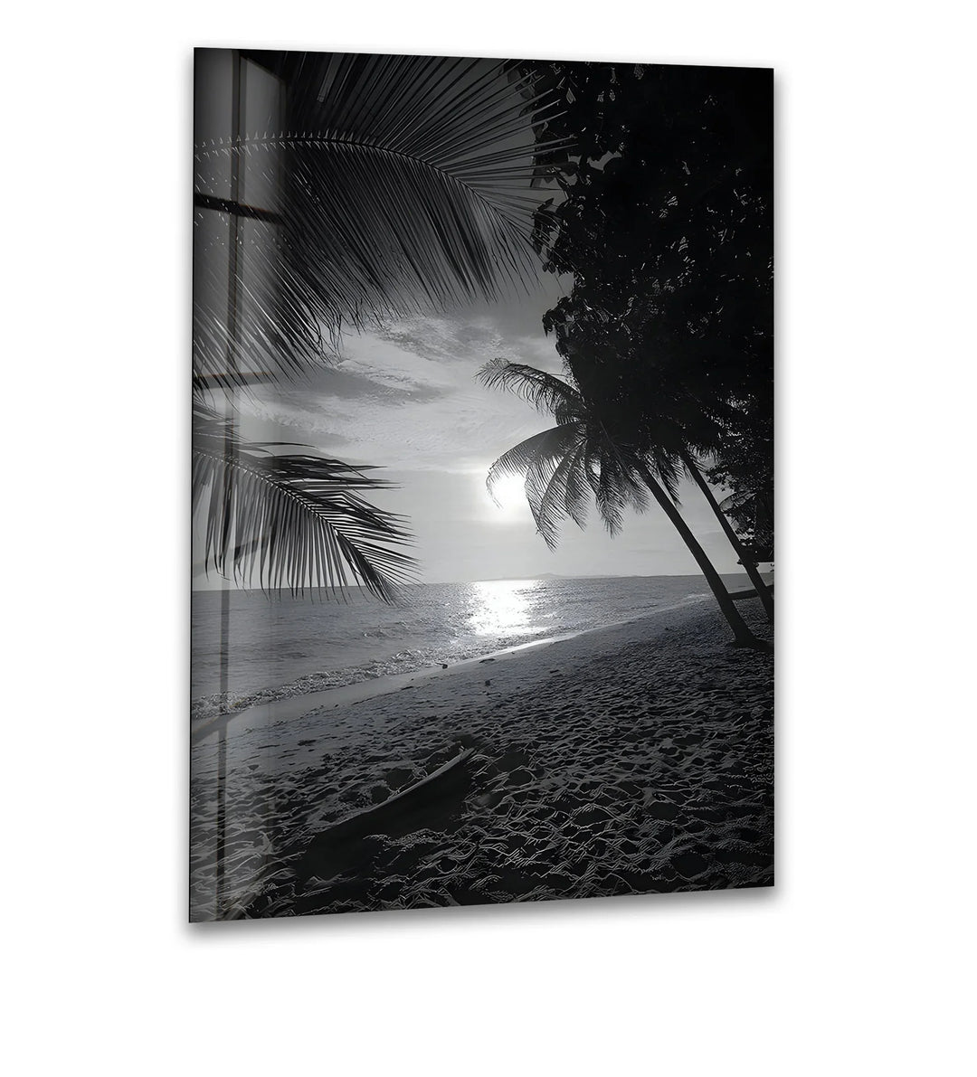 Tropical Beach Sunset - Black and White Coastal Glass Wall Art