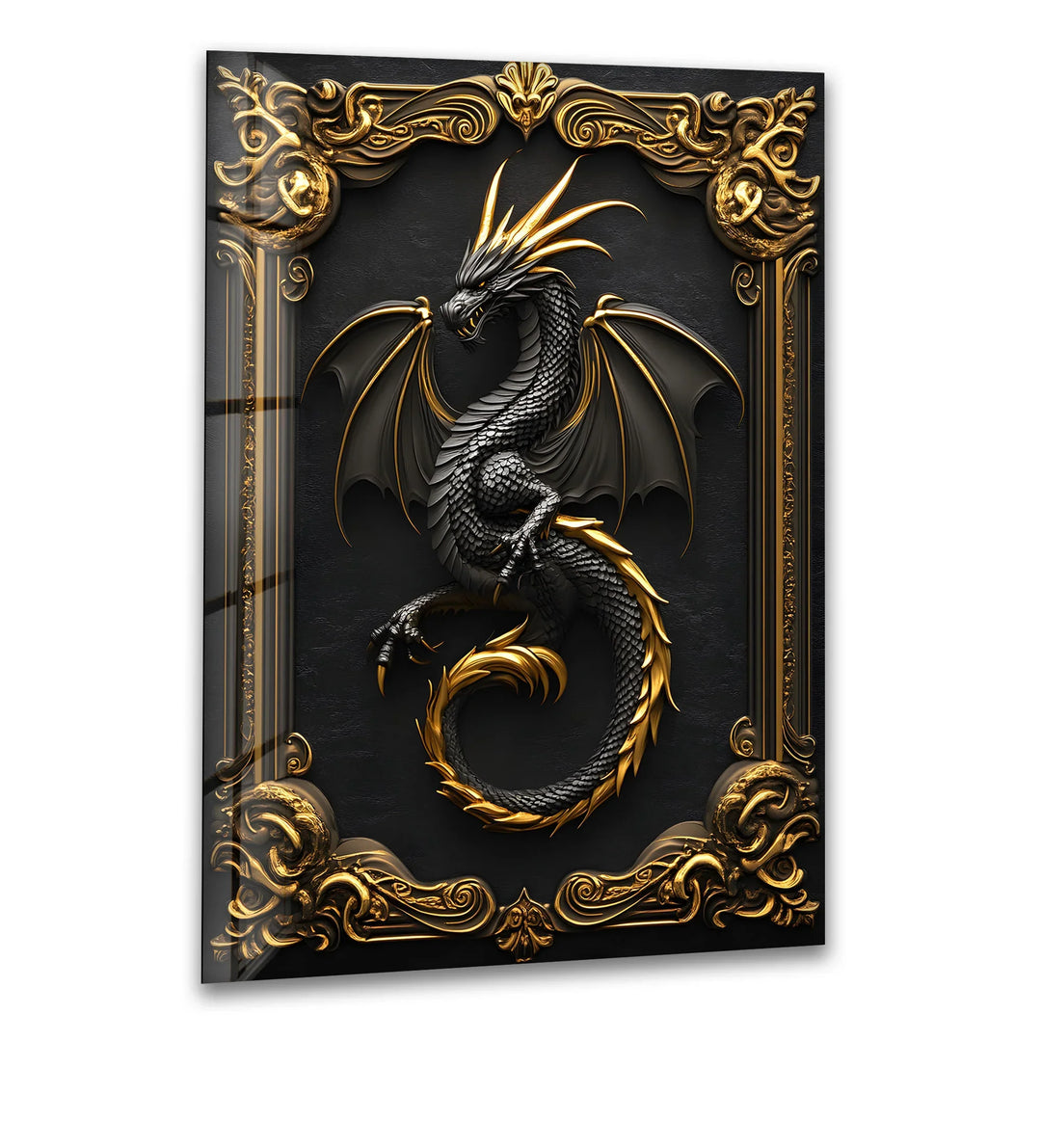 A powerful black and gold dragon, beautifully captured in intricate detail on high-quality glass wall art.