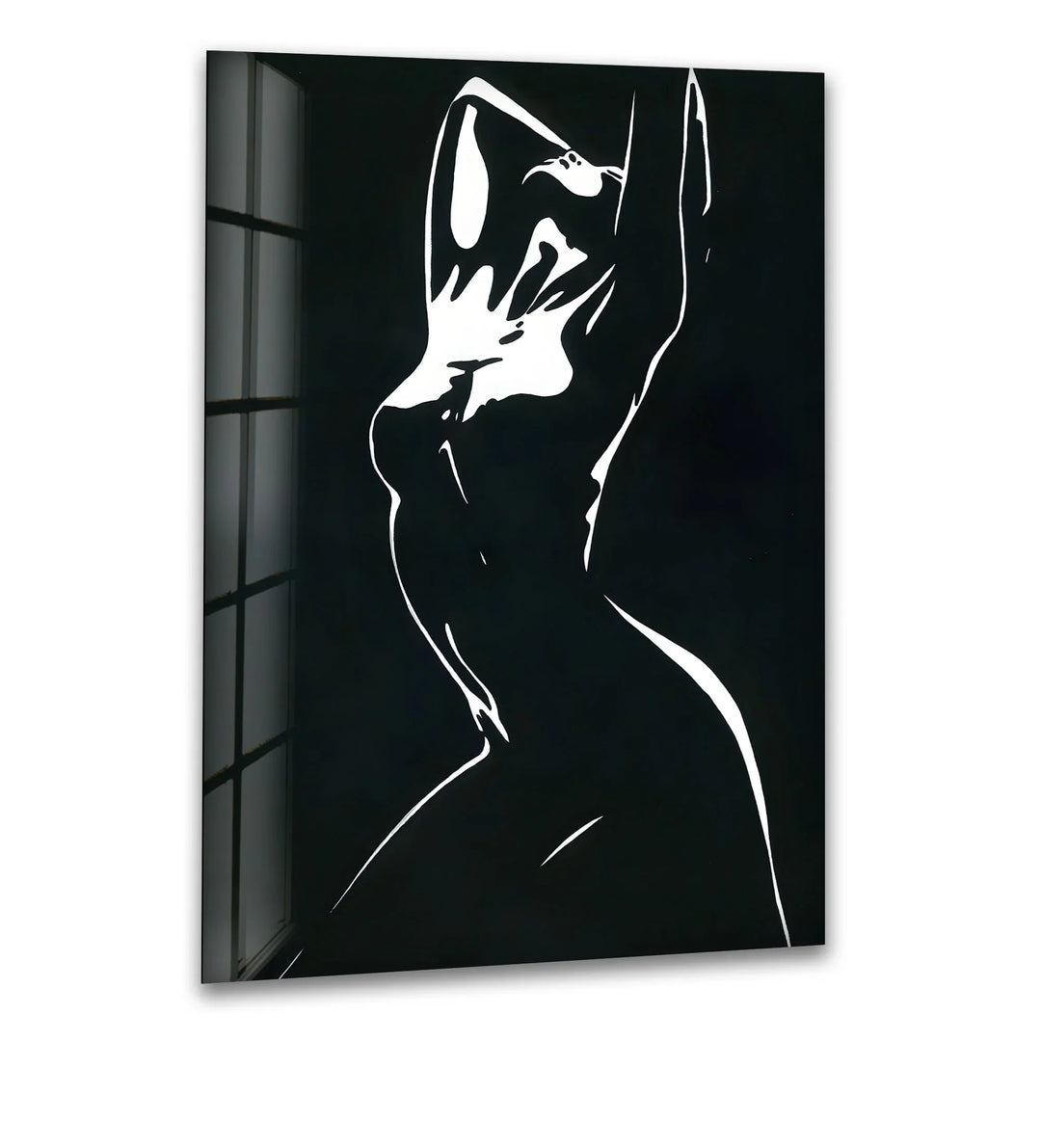 Abstract black and white woman silhouette on glass wall art, adding elegance to modern interiors.