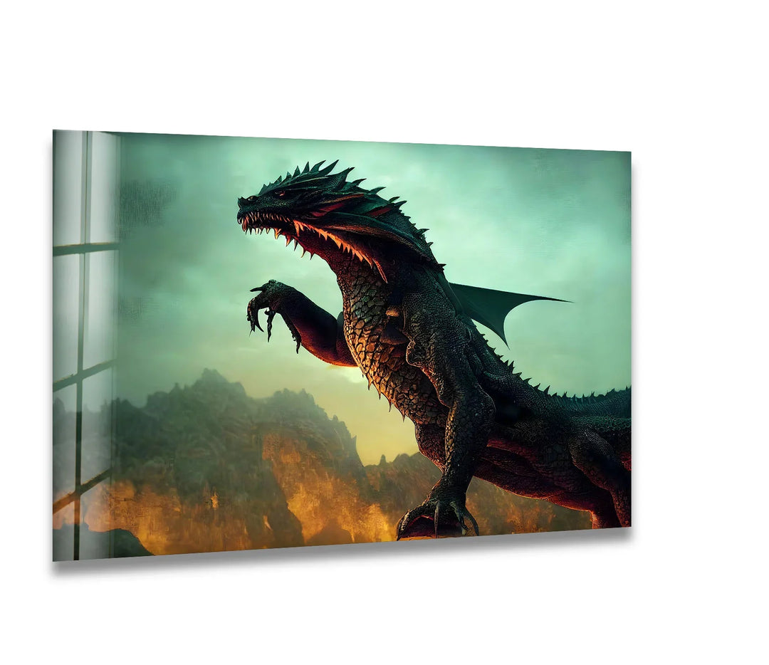 Fierce dragon standing tall against a fiery sky, showcasing power and strength.