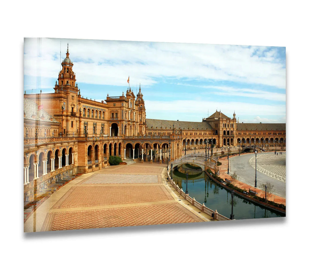 Plaza de España Glass Wall Art – Majestic Spanish Landmark with Scenic Canal View - MyPhotoStation