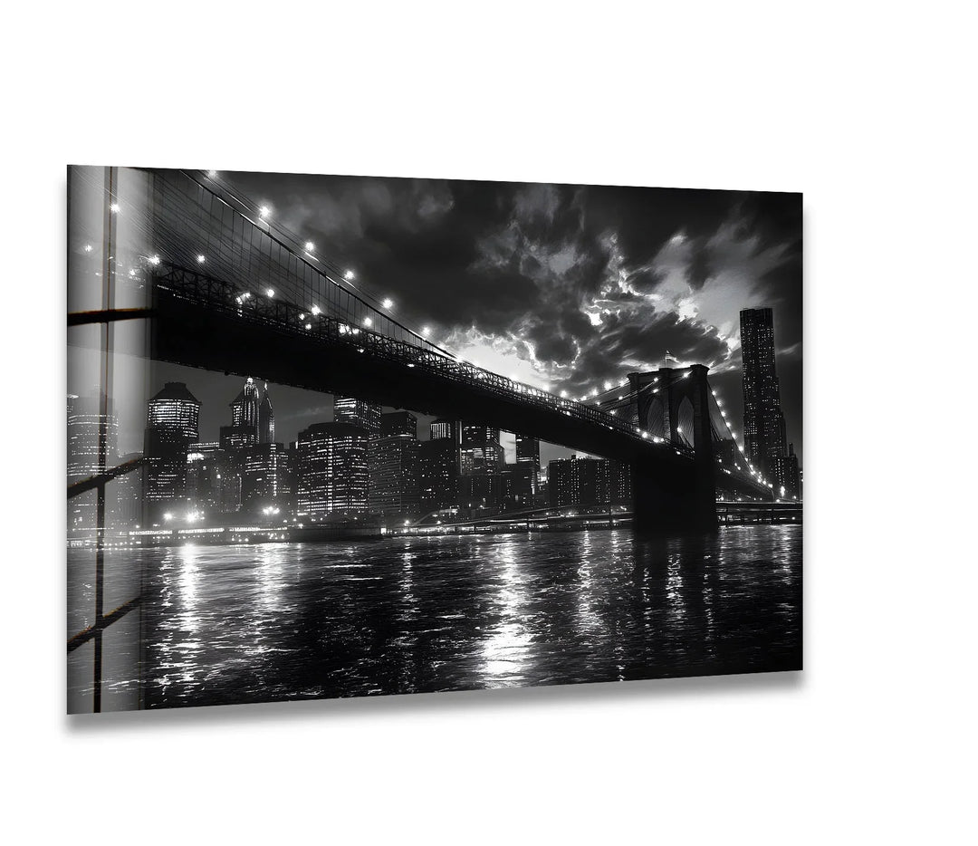 A breathtaking black and white glass wall art featuring the illuminated Brooklyn Bridge and New York City skyline.