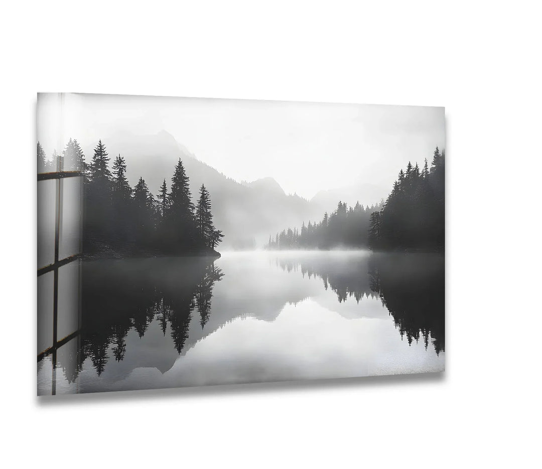 Misty Mountain Reflection: A serene black-and-white artwork of mountains reflected in calm waters.