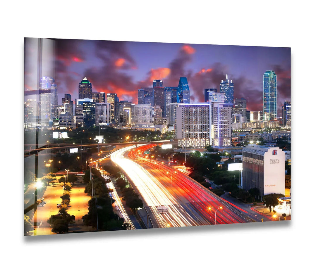 Dallas Skyline Glass Wall Art – Stunning View of Downtown at Dusk - MyPhotoStation