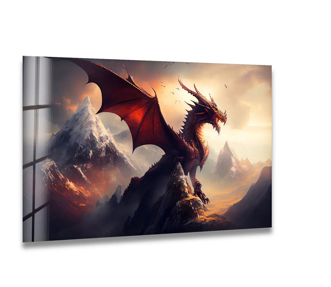 Majestic red dragon perched on a rocky mountain peak, exuding power and grace.
