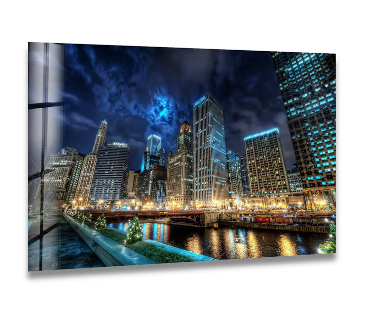 Chicago Skyline Glass Wall Art – Majestic View of Chicago's Iconic River & Skyscrapers at Night - MyPhotoStation