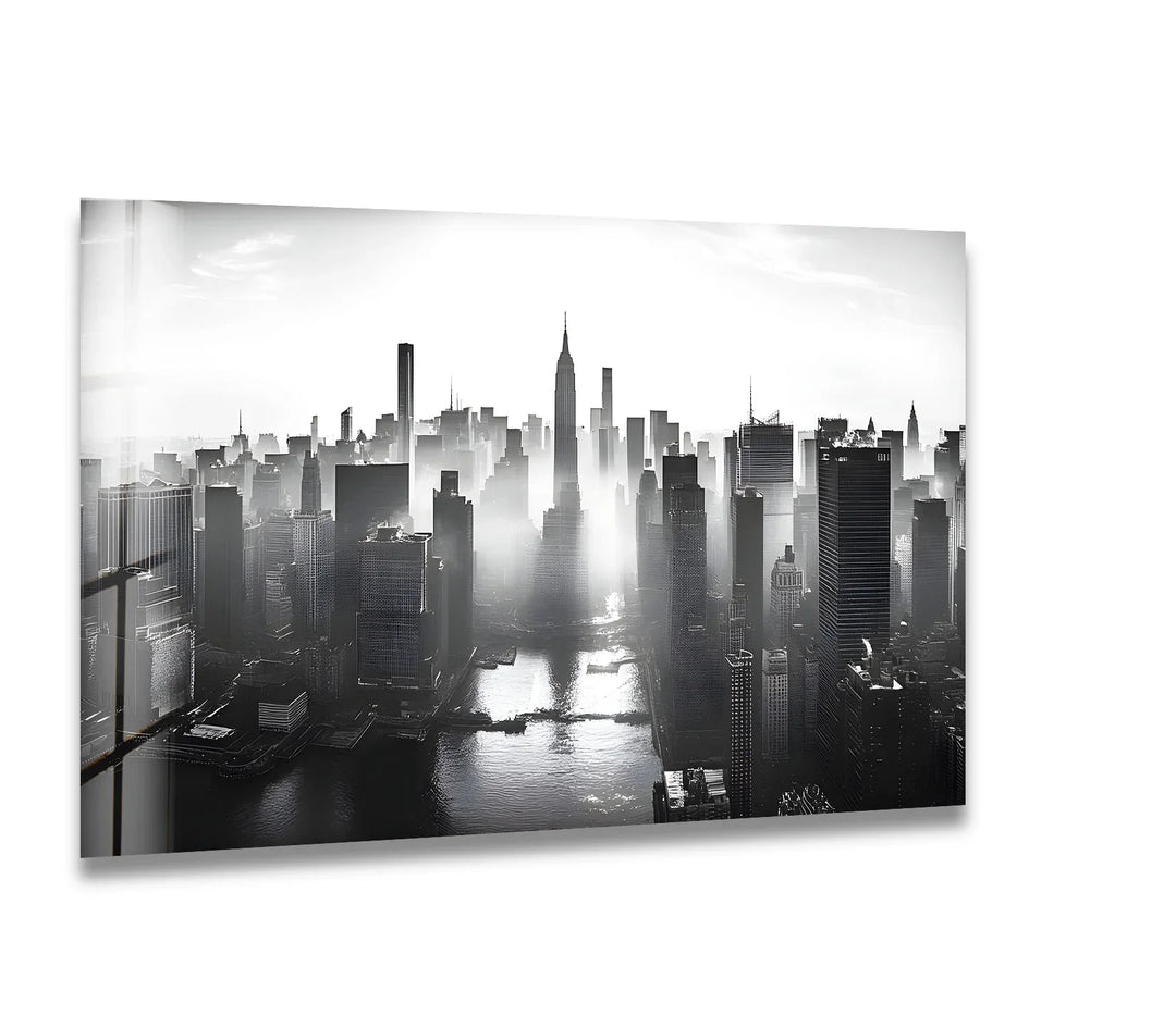 Striking black-and-white New York cityscape printed on glass, bringing modern elegance to any room.