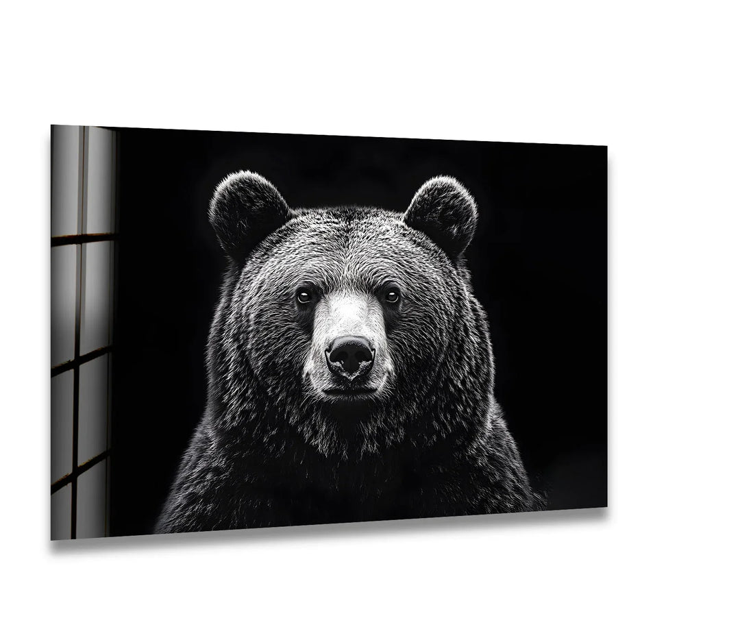 Bold black-and-white bear design on glass, a striking animal portrait for your home.