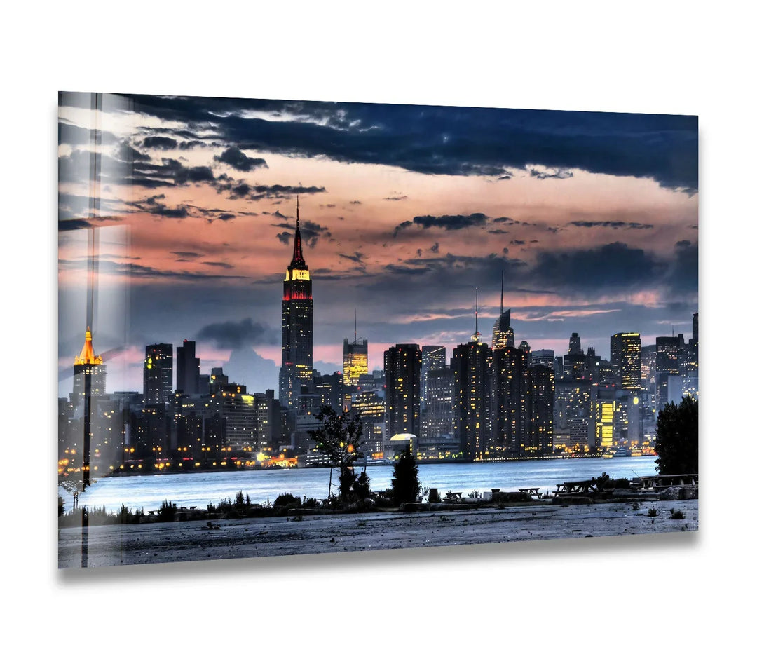 New York City Skyline Glass Wall Art – Stunning Evening View of Empire State Building & Downtown - MyPhotoStation