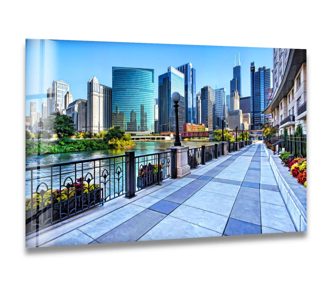 Chicago Riverwalk Glass Wall Art – Stunning View of Downtown Skyscrapers & Waterfront Path - MyPhotoStation