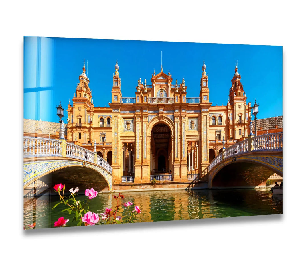 Plaza de España Glass Wall Art – Majestic Spanish Landmark with Scenic Canal - MyPhotoStation