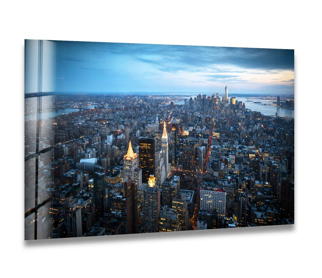 New York City Skyline Glass Wall Art – Stunning Aerial View of Manhattan at Twilight - MyPhotoStation