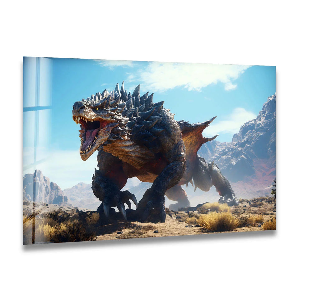 Fierce monster roaring in a dramatic landscape, radiating power and intensity.