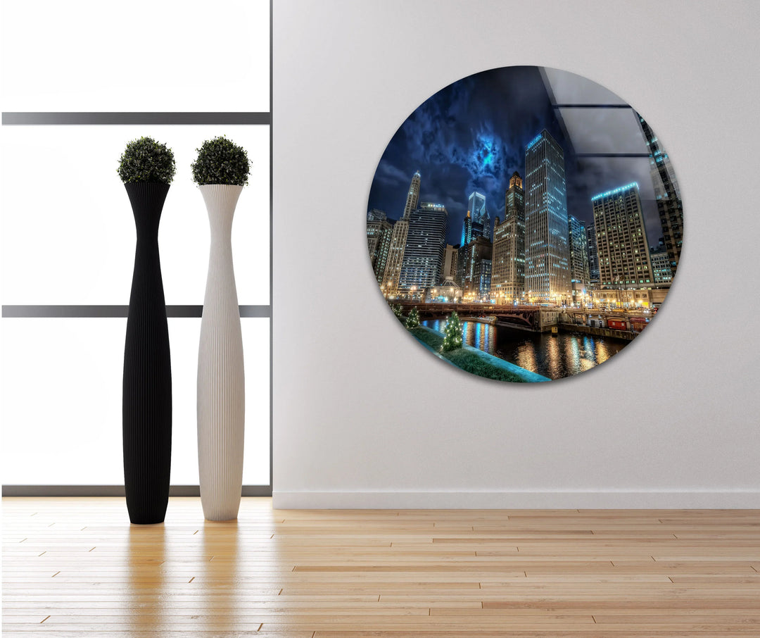 Chicago Skyline Glass Wall Art – Majestic View of Chicago's Iconic River & Skyscrapers at Night - MyPhotoStation