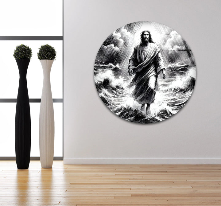 Holy Vision - Black and White Jesus on Water Glass Wall Artwork