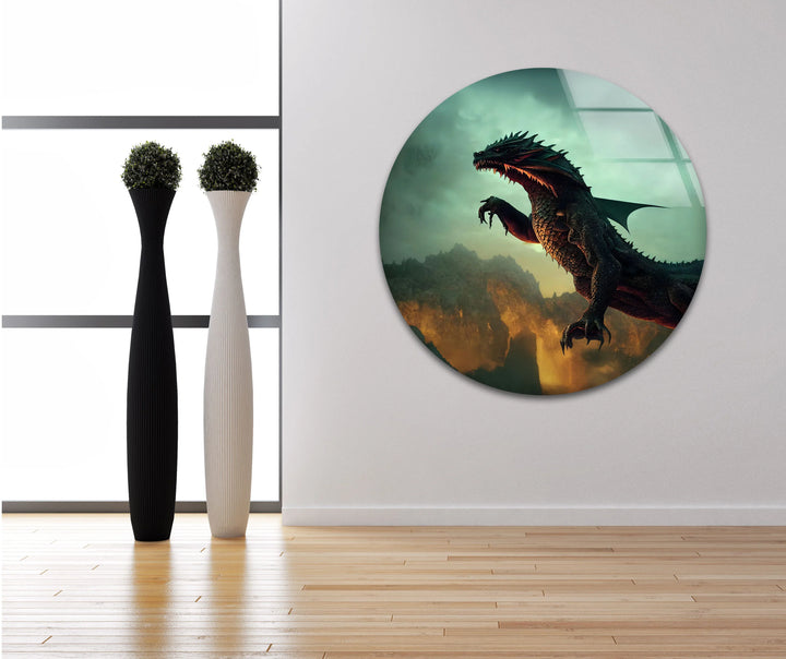 Fierce Dragon in Fiery Landscape: A Mythical Creature Roaring in the Flames on Glass Wall Art - MyPhotoStation
