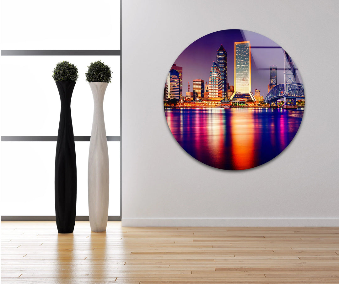 Jacksonville Skyline Glass Wall Art – Stunning View of Florida’s Iconic Downtown at Night - MyPhotoStation
