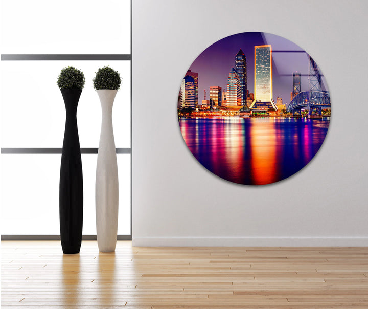 Jacksonville Skyline Glass Wall Art – Stunning View of Florida’s Iconic Downtown at Night - MyPhotoStation