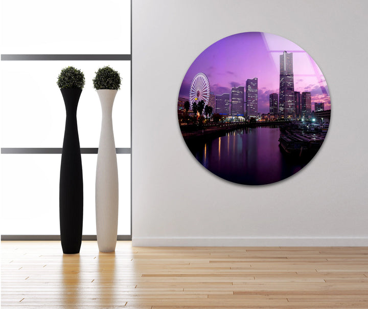 Yokohama City Skyline Glass Wall Art – Stunning Waterfront View with Ferris Wheel at Sunset - MyPhotoStation