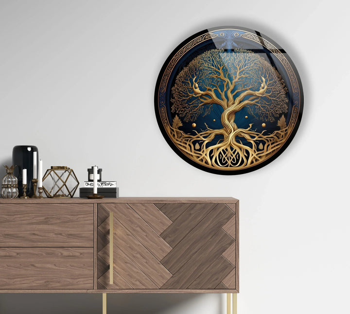 Golden Celtic Tree of Life Round Glass Wall Art – Spiritual Nature Decor - MyPhotoStation