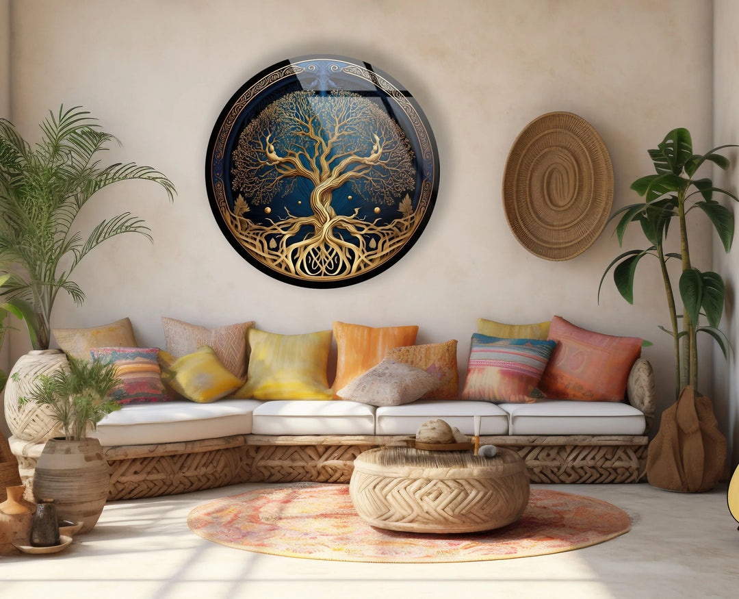 Golden Celtic Tree of Life Round Glass Wall Art – Spiritual Nature Decor - MyPhotoStation