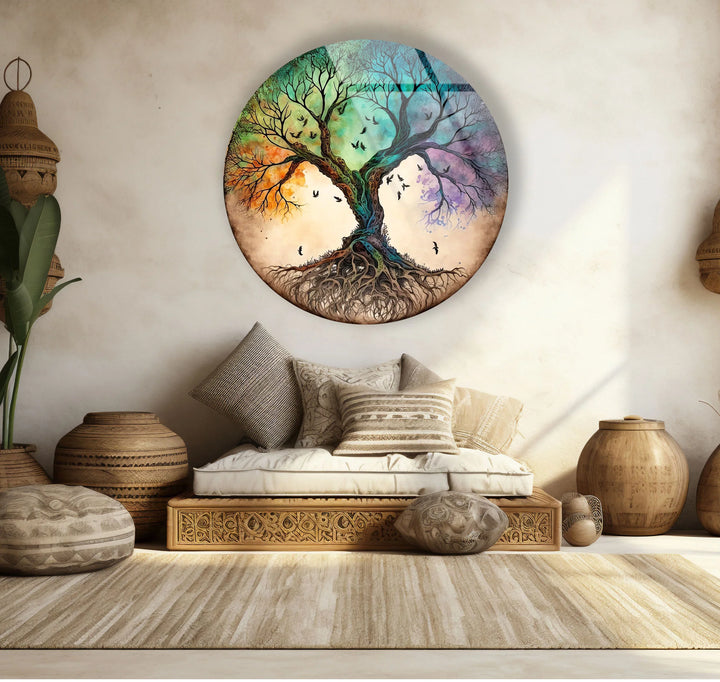 Tree of Life Round Glass Wall Art – Colorful Abstract Roots & Branches Decor - MyPhotoStation