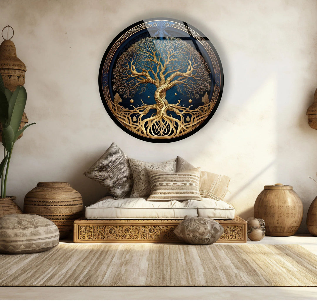Golden Celtic Tree of Life Round Glass Wall Art – Spiritual Nature Decor - MyPhotoStation