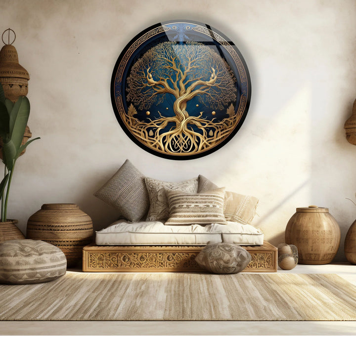 Golden Celtic Tree of Life Round Glass Wall Art – Spiritual Nature Decor - MyPhotoStation