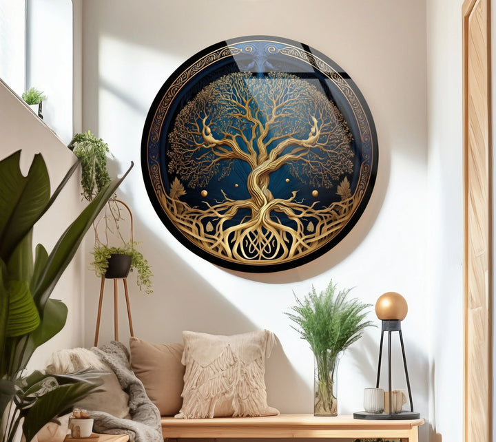 Golden Celtic Tree of Life Round Glass Wall Art – Spiritual Nature Decor - MyPhotoStation